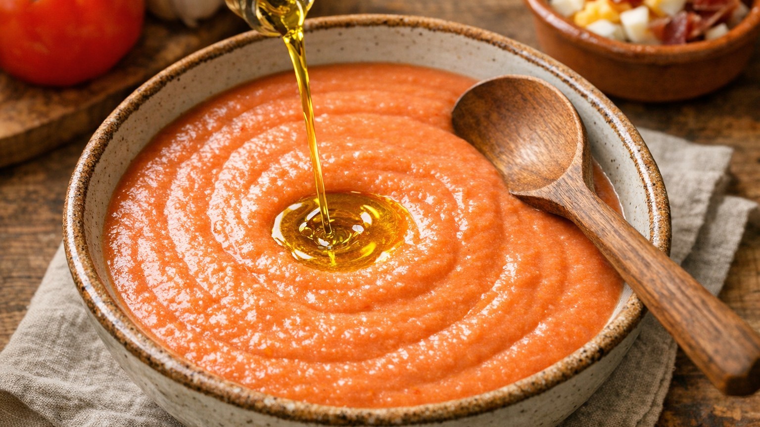 El hilo fino de aceite: el secreto que faltaba en tu salmorejo