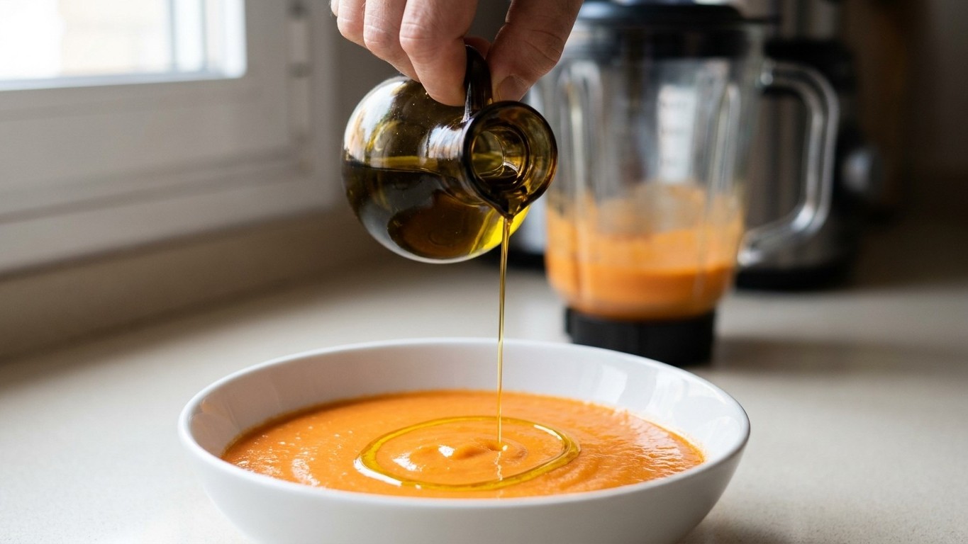 El gesto que transformó mi salmorejo: cómo el aceite en hilo cambió el color y la textura de mi crema